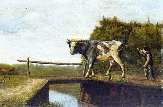 Op dit schilderij uit 1885 van D. Weeshoff is een bulloper met een stier onderweg naar de leden van de bullestiek.