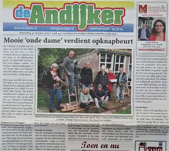 Artikel in de Andijker over het opknappen van de boerderij, 30 oktober 2019.