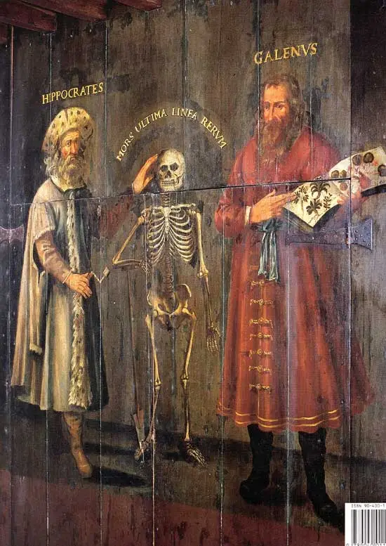 Op een kastdeur van de chirurgijnskamer in Enkhuizen stond de dood afgebeeld tussen de twee grootste artsen uit de Oudheid.