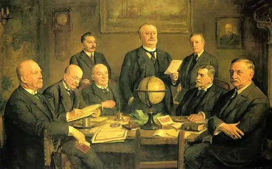 J.A. van Welie (1866-1956) schilderde het bestuur van de door Van Aalst (staand achter de wereldbol) opgerichte Nederlandse Overzee Trustmaatschappij.