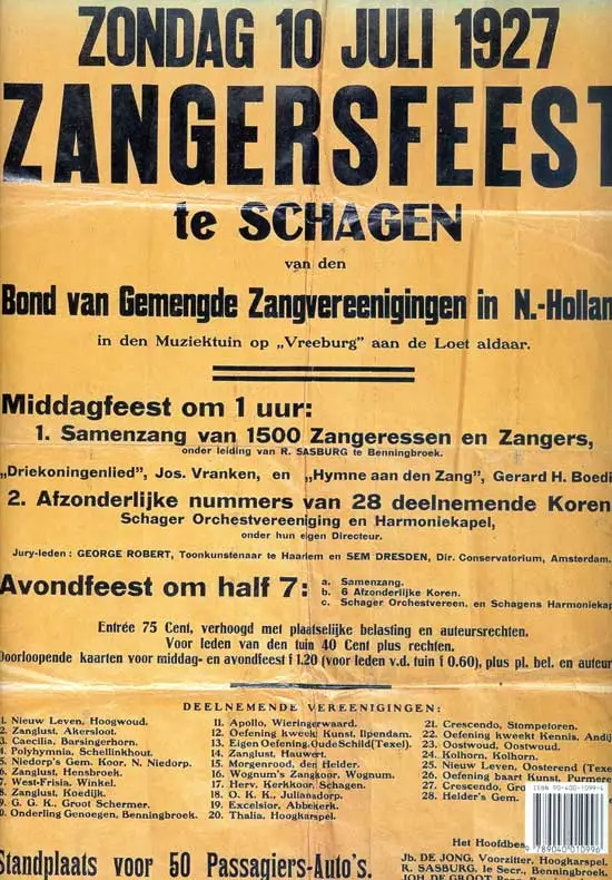 Poster van het op 10 juli 1927 georganiseerde Zangersfeest te Schagen.