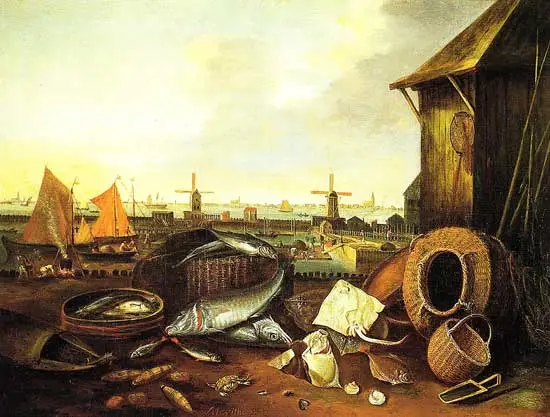 Matthias Withoos (1621-1703) schilderde dit stilleven van vissen, vismanden en vistuig.