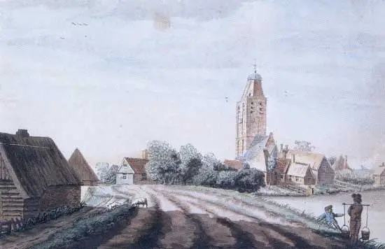 De oude dorpskerk van Sint Maarten, in 1820 geschilderd door Cornelis Bok.