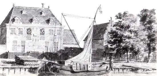 Tekening uit omstreeks 1730 van Cornelis Pronk van het Admiraliteitshuis in Medemblik.