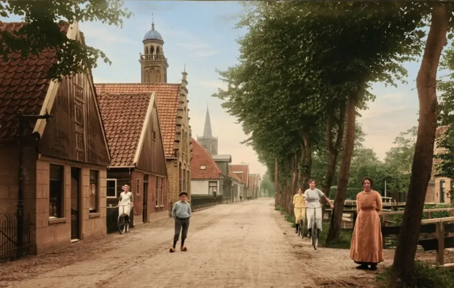 De Dorpsstraat van Nieuwe Niedorp rond 1915. Meisje rechts op de fiets is Trien Butter de oma van Niko Stammes. Bewerking van foto Collectie Regionaal Archief Alkmaar