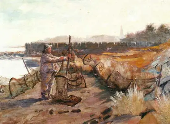 Op het schilderij van Piet Egmond (1864-1908) droogt de visser Dirk Wezel man zijn fuiken op het Kooizand.