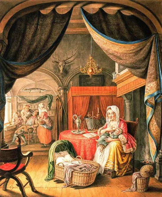 Tekening van een kraamkamer door Abraham Delfos uit ca. 1770.