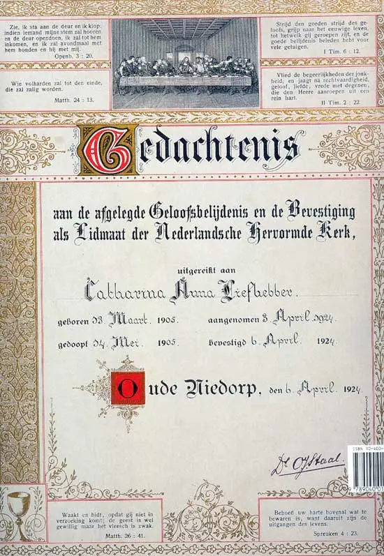 Na het afleggen van de geloofsbelijdenis op 6 april 1924, ontving Catharina Anna Liefhebber deze oorkonde.
