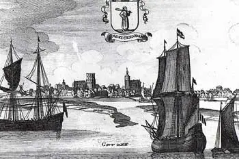 Gravure van G. Bouttats van schepen, varend in de Gouwzee voor de wallen van Monnickendam.