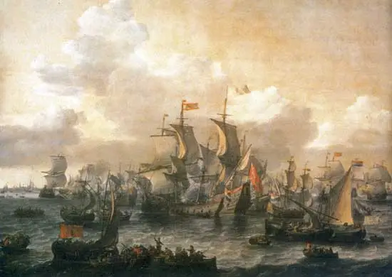 In 1663 schilderde Jan Blankerhoff dit schilderij van de slag op de Zuiderzee.