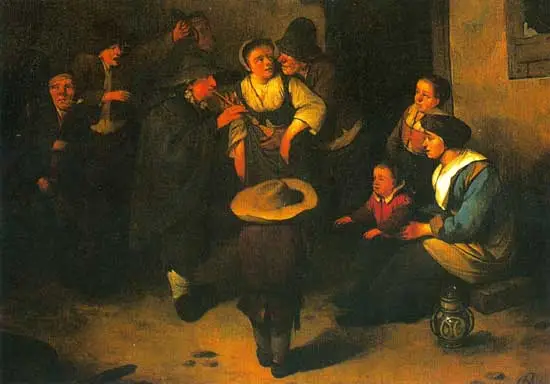 Op dit schilderij van Cornelis Bega (1620-1664) kijkt een moeder met haar kinderen toe.