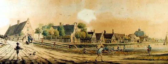 De kerkebuurt in St. Maartensbrug, zoals die in 1818 werd vastgelegd door Cornelis Bok. 
