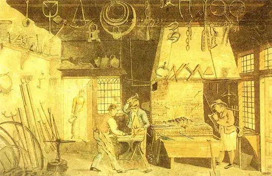 Aquarel van Cornelis Bok van een smederij in Haringhuizen.