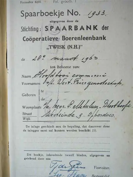 Het spaarbankboekje van de hoofdtooi commissie 1963.