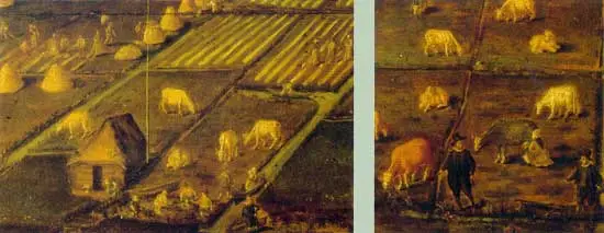 Twee details van het schilderij Gezicht op de polder Het Grootslag.