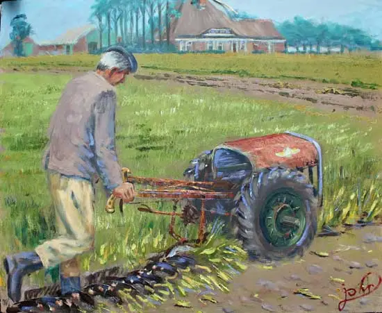 Cor Wester aan het bollenploegen, geschilderd door zijn  zoon John Wester.